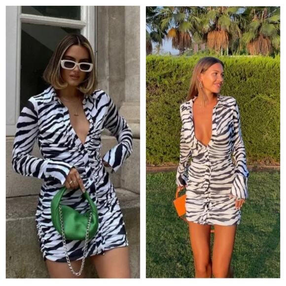 [Tiger Mist] Ryanna Zebra Print Collared Ruched Long Sleeve Mini Dress Sz Small - Picture 2 of 14